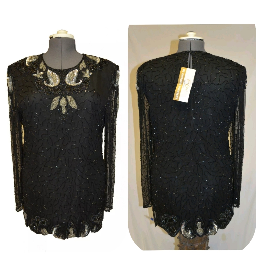 Tan-Chho Vintage 80s Beaded Sequin Silk Formal Top Tunic blouse sz XL NWT